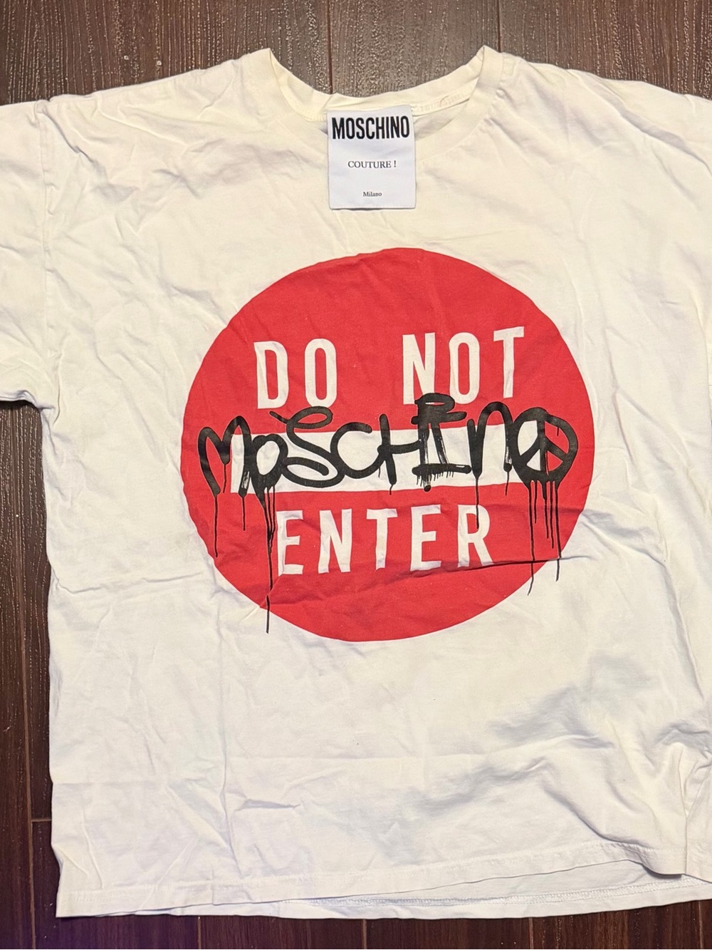 Moschino White Tee with Red 'Do Not Enter' Graphic and Black Logo